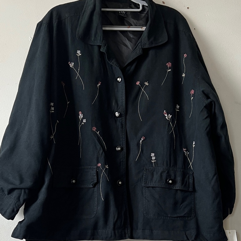 EVR Lined Black Floral Embroidered 100% Silk Utility Jacket